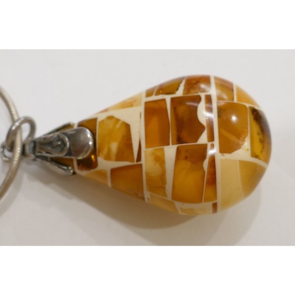 Mosaic Amber Pendant With Embedded Insects Sterling Silver On Sterling Chain - Picture 11 of 13